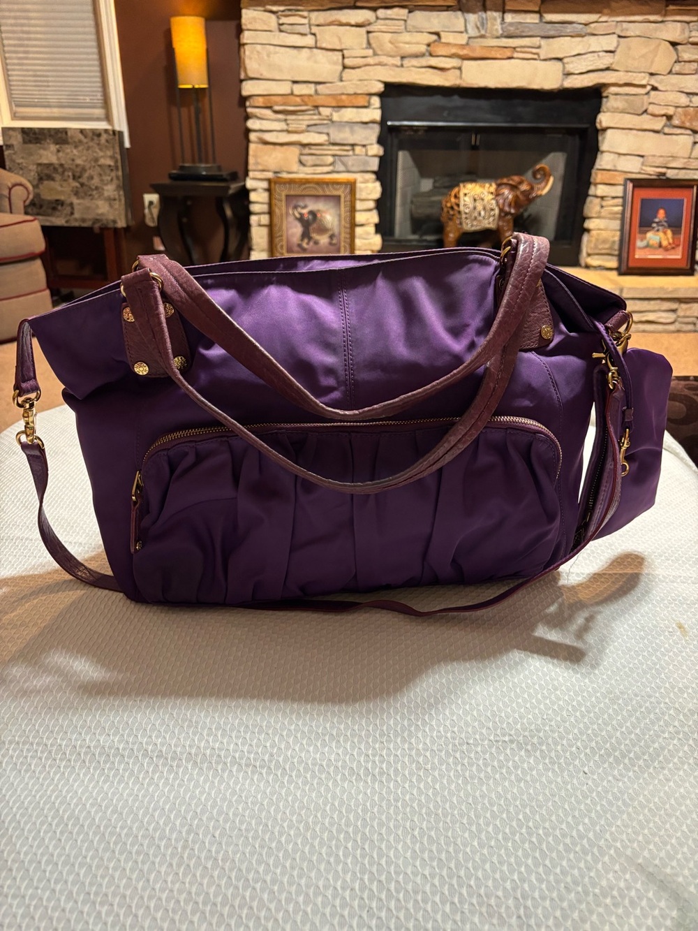 MZ Wallace Deep Purple Quilted Travel Shoulder Bag with Multiple Pockets
